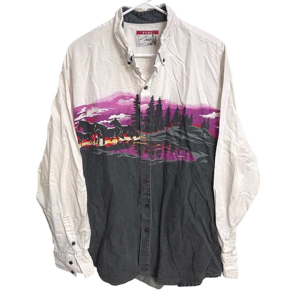 Vintage Pure Country Western Horse Sunset Button Down Shirt Cowboy Rodeo Size XL